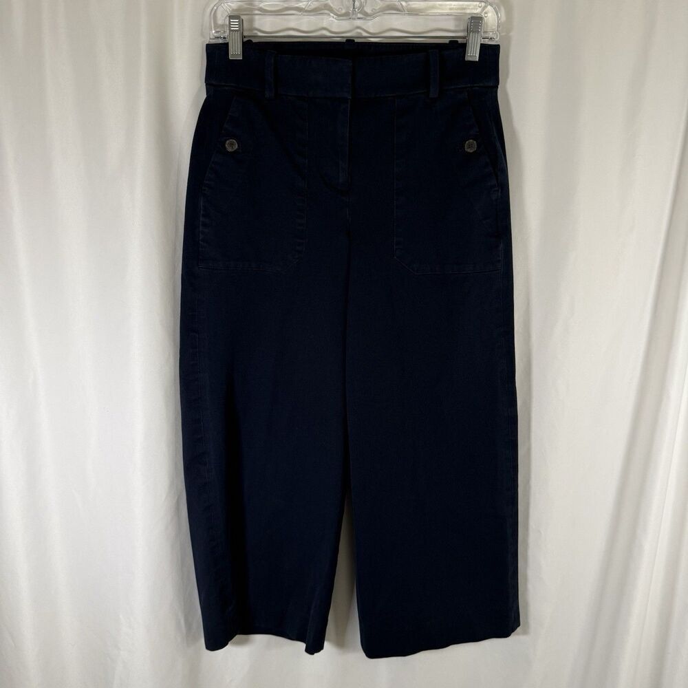 J. Crew Pants Women's 2 Navy Blue Flat Front Cropped Wide Leg Button Pocket